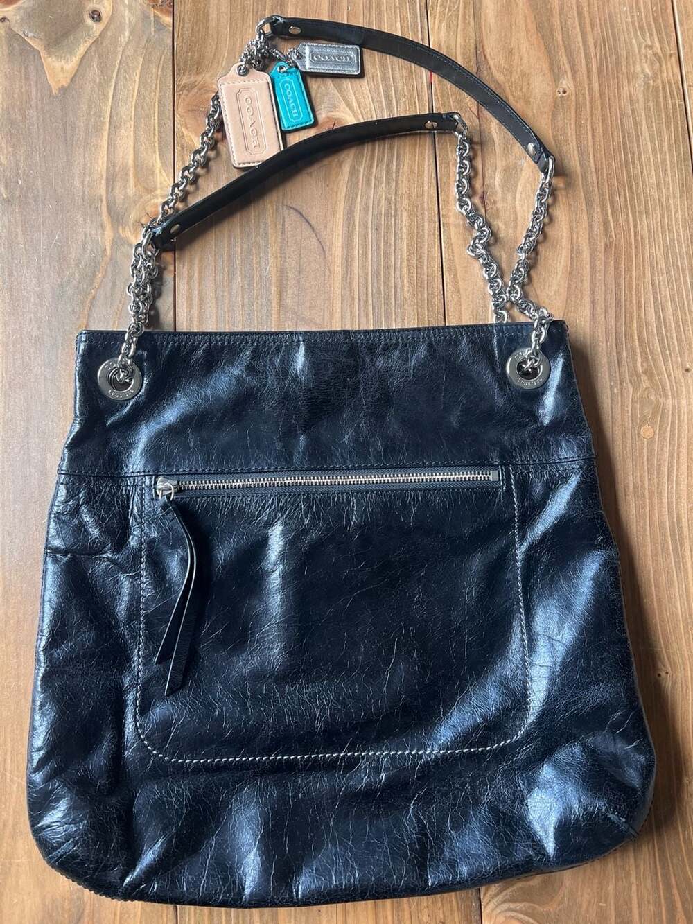 Coach Black Crinkled Leather Chain Strap Tote Bag EUC